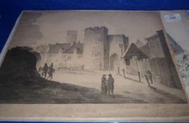 C TURNER, BEARS INSCRIPTION AND DATE 1800, SEPIA WATERCOLOUR, Ber Street Gate, 9 ½” x 13”;