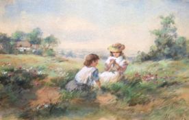 HENRY WALLIS, RWS, SIGNED, WATERCOLOUR, Young Girls Picking Flowers, 6” x 9 ½”