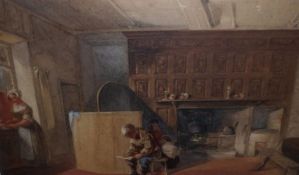 WILLIAM HENRY HUNT, SIGNED, WATERCOLOUR, Interior Scene with Figures, 10 ½” x 18” (mounted but