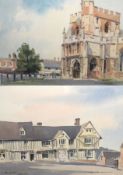 DAVID GREEN, SIGNED, PAIR OF WATERCOLOURS, Inscribed “Hitchin Church” and “The Guildhall, Lavenham”,