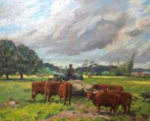 TOWNER, SIGNED AND DATED ’42, OIL, Feeding the Herd, 16” x 20”