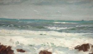 * DAVID ROY MACGREGOR, SIGNED, OIL ON BOARD, Inscribed verso “Breakers on the Devon Coast”, 9 ½” x