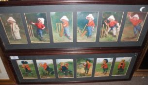 AFTER E P KINSELLA, TWO FRAMES OF SIX MINIATURE COLOURED PRINTS, Comical Golf and Cricketing