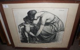 RANDOLPH SCHWABE, SIGNED TO THE IMAGE, BLACK AND WHITE LITHOGRAPH, Mother and Child at Bath Time,