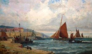 L THORNLEY, SIGNED, OIL ON CANVAS, Harbour Scene with Fisherfolk and Shipping of a Coast, 9 ½” x 15”