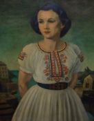 UNSIGNED, OIL, Half-Length Portrait of a Lady Wearing Floral Dress, Harbour Beyond, 35” x 27”