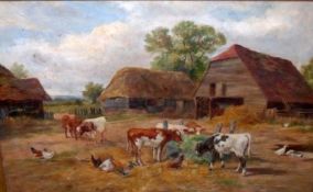 19TH CENTURY, ENGLISH SCHOOL, OIL, Farmyard with Calves, Chickens etc, 19” x 29”