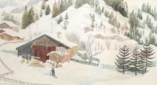 W L WOODS, SIGNED AND DATED JAN 1950, WATERCOLOUR, Skier in Alpine Landscape, 7” x 13”