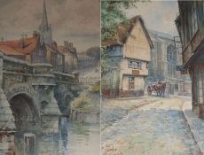 GEORGE FOWLER, SIGNED, PAIR OF WATERCOLOURS, Bishops Bridge and Elm Hill, 9 ½” x 6” (2)