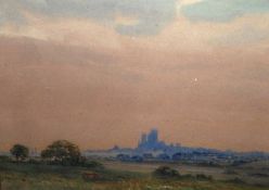 JOSEPH WEST, SIGNED, WATERCOLOUR, Landscape with Distant Cathedral, 9” x 12”