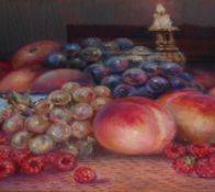 JAMES J ALLEN, SIGNED, OIL, Inscribed verso “Summer Fruits by Candlelight”, 7 ½” x 7 ½”