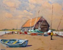 G P LANYON, SIGNED, WATERCOLOUR, Boatyard, 15” x 16”