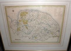 BOX CONTAINING FRAMED HAND COLOURED MAP OF NORFOLK; TOGETHER WITH SIX ASSORTED HAND COLOURED AND