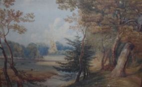 19TH CENTURY, ENGLISH SCHOOL, WATERCOLOUR, Wooded River Landscape with Church to Distance, 13” x 18”