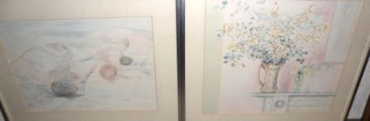 DENISE COPPLE, SIGNED, TWO WATERCOLOURS, “Eggs” and “Mantelpiece”, 9” x 12 ½” and 10 ½” x 12” (2),