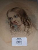 VICTORIAN SCHOOL, WATERCOLOUR, Head and Shoulders Portrait of a Young Girl with Ringlets in her