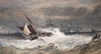 HENRY BARLOW CARTER, WATERCOLOUR WITH SCRATCHING OUT, Stormy Shipping Scene, 7 ½” x 12”