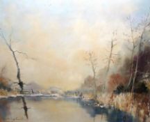 SHIRLEY CARNT, SIGNED, OIL, Winter River Landscape, 23” x 27”