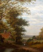 E H HAMPE, SIGNED, OIL, Lady Gathering Wood in a Country Landscape, 23” x 19”