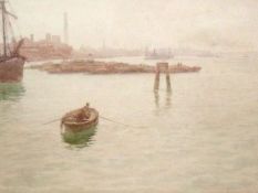 R H BAILEY, SIGNED AND DATED 1923, WATERCOLOUR, Rowing Boat off a Harbour, 9” x 12”