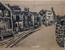 UNSIGNED, LINO CUT, Street Scene, 11” x 15”