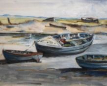 JACK COX, SIGNED, WATERCOLOUR AND GOUACHE, Fishing Boats in a Creek, 9 ½” x 12”