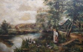 INDISTINCTLY SIGNED AND DATED 1919, OIL, Woman and Geese by River’s Edge, 19 ½” x 29”