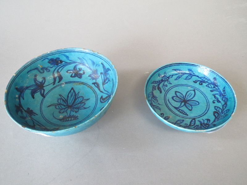 Turkish blue glazed Iznik style footed bowl with black geometric floral decoration 12.5dia & similar