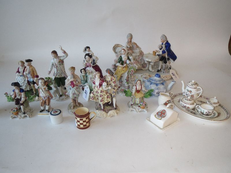 Collection of C19th/C20th Dresden porcelain figurines, miniature Wedgwood coffee set and sundry