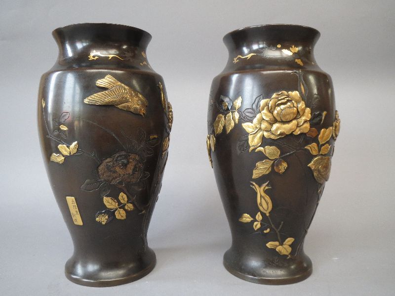 Pair Japanese bronze baluster vases with gold inlaid & surmounted decoration with gilded sparrows