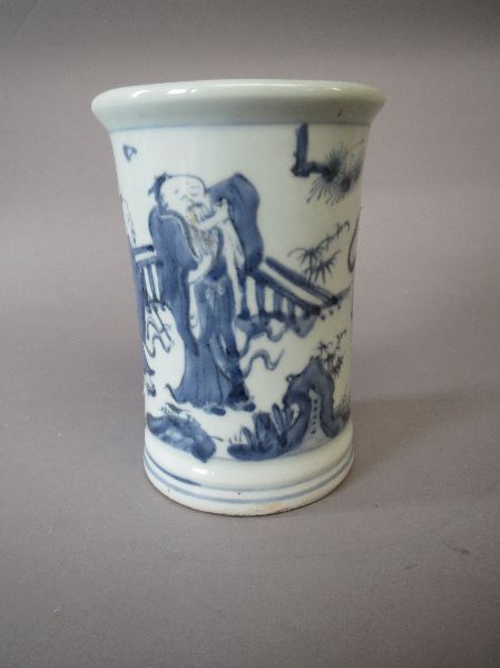 Chinese blue & white porcelain brush washer decorated with figures in a garden in the transitional