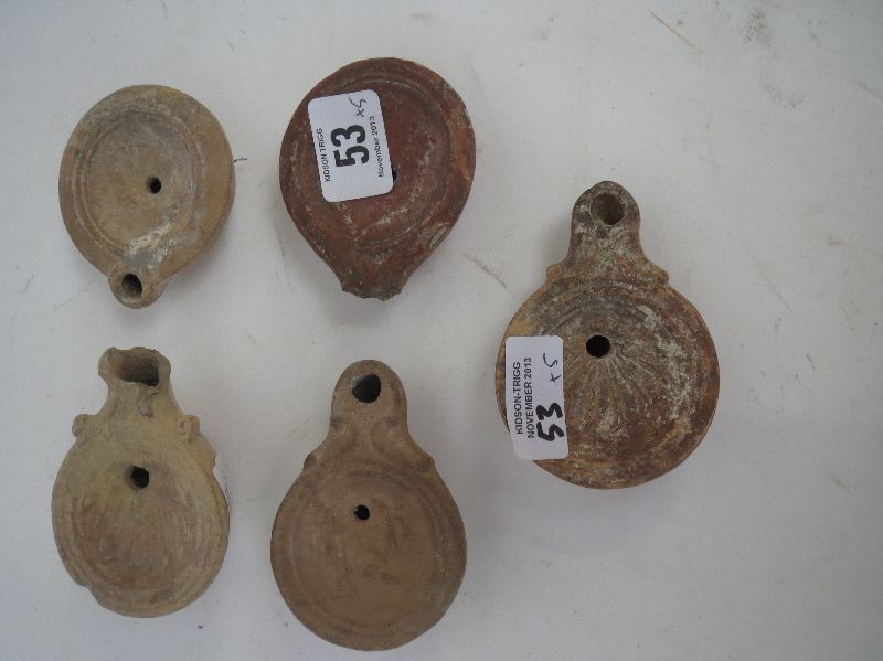 Collection of five ancient Greek pottery oil lamps 6dia