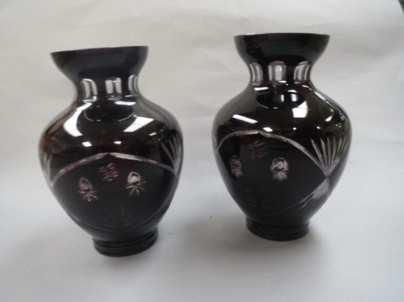 Pair of modern Bristol blue ovoid glass overlay vases