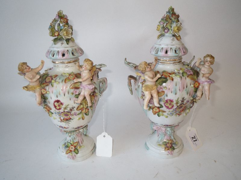 Fine decorative pair C18th Dresden porcelain cherub pot pouri urns & covers the urns profusely