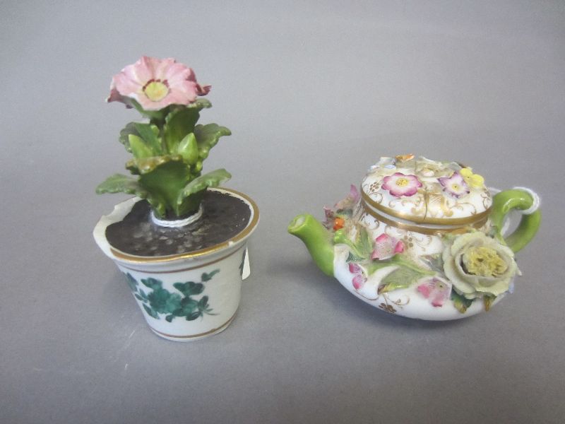 C19th miniature Meissen porcelain teapot & cover encrusted with flowers 5.5H (cover a/f) & a