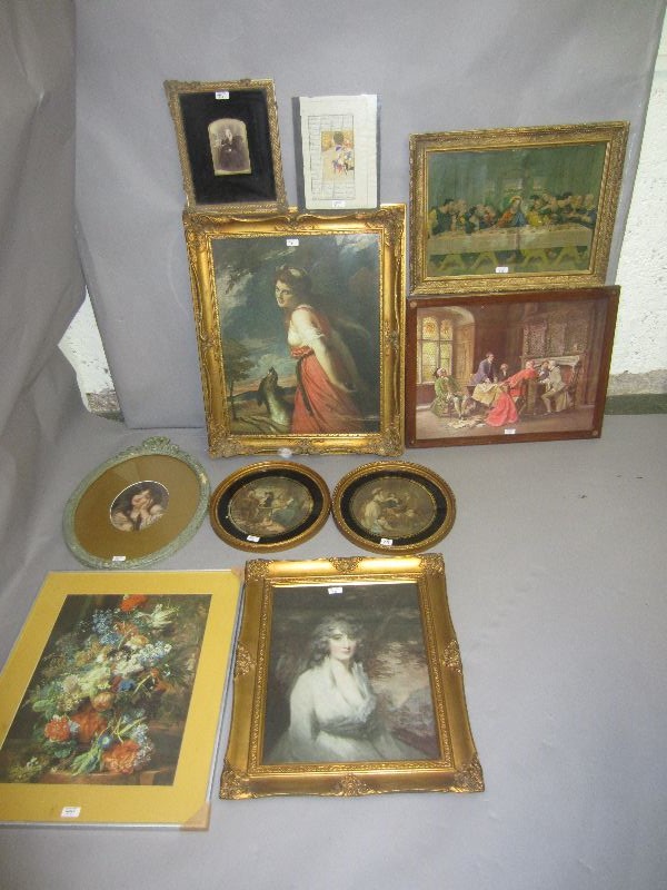 Pair of early C19th circular colour prints in verre eglomise & gilt frames & sundry other pictures &