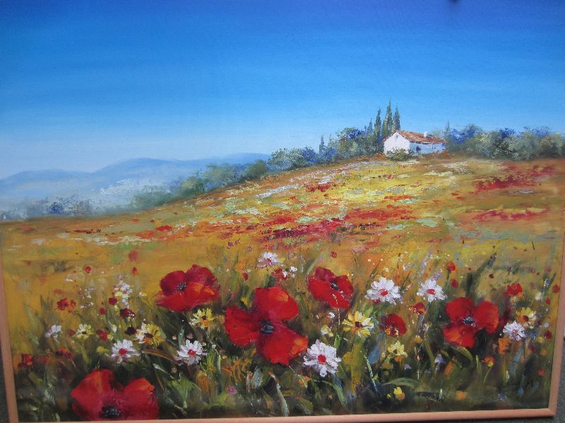 M.N modern acrylics on canvas laid down `Continental rural scene with gite & poppy field`
