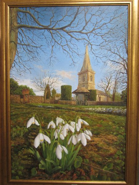 CHARLES ROSS C20th/C21st oil on canvas `Snowdrops in the churchyard` signed lower right 92 x 61