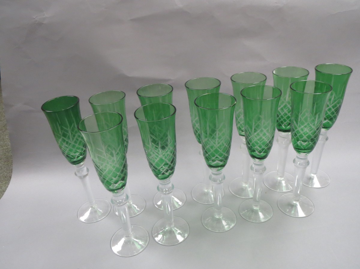 12 modern green & clear glass hock glasses