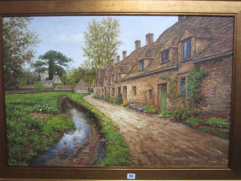 CHARLES ROSS C20th/21st oil on canvas `Terrace cottages by a stream` signed lower right 61 x 92