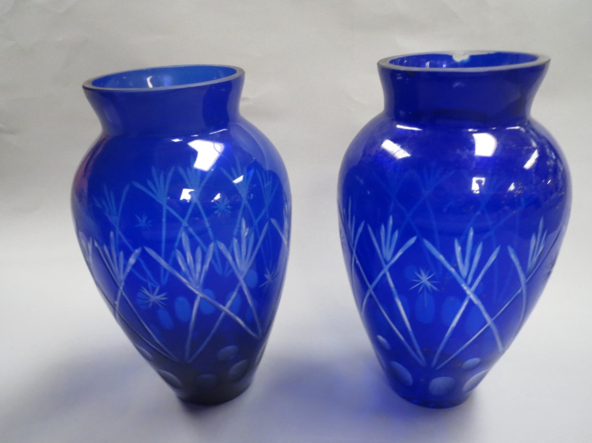 Pair of modern Bristol blue ovoid glass overlay vases