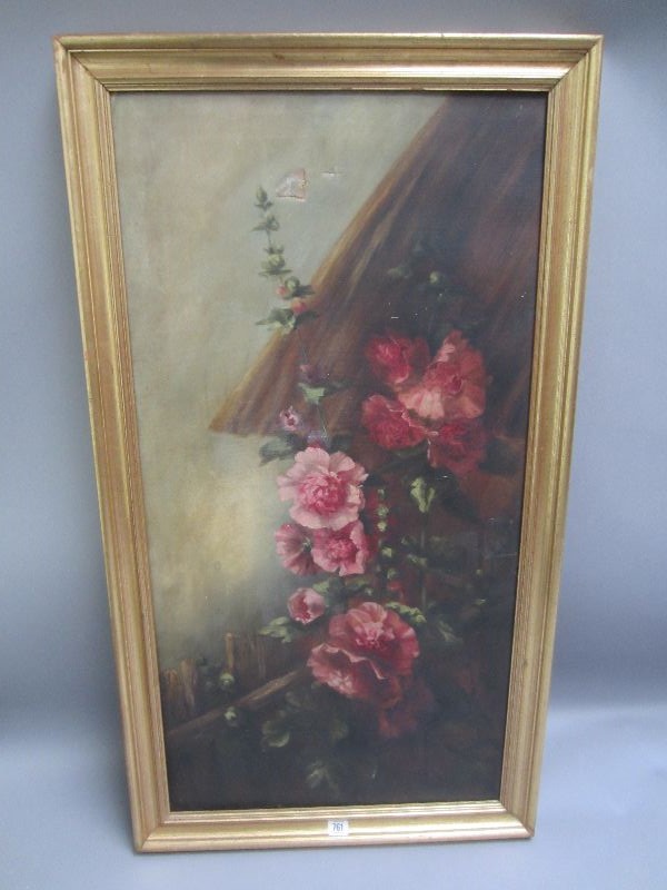 Early C20th oil on canvas `Hollyhocks by a garden fence` 104 x 54 framed