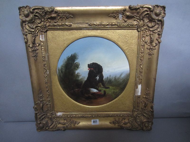 C19th school naive oil on board circular `Gundog & pheasant` 30 dia, in gilt frame