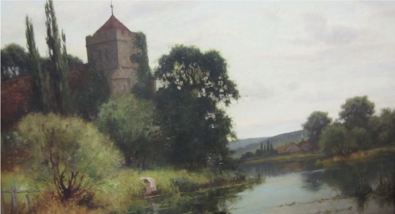 RICHARD WILLIAM HALFNIGHT (1855-1925) British oil on canvas `Riverside scene with church signed