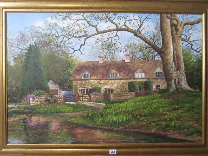 CHARLES ROSS C20th/21st, oil on canvas `Village house by a ford` signed lower right 61 x 92 framed