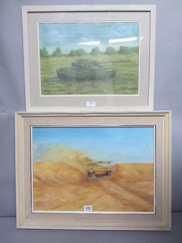 CRESWELL BUTTERS C20th/21st oils on canvas, two, `Desert Storm` & Centurion Tank` each signed with