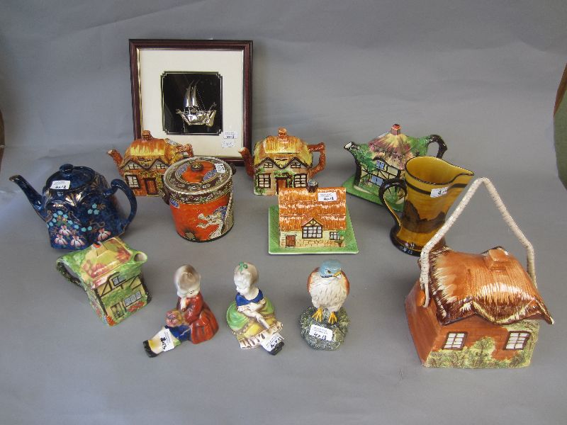 Grimwades House teapots, Grimwades House biscuit barrel & cheese dish, two bird figures & one silver