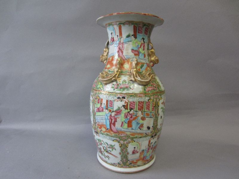 Chinese Cantonese famille rose vase decorated panels of flowers & scenes of domesticity, applied
