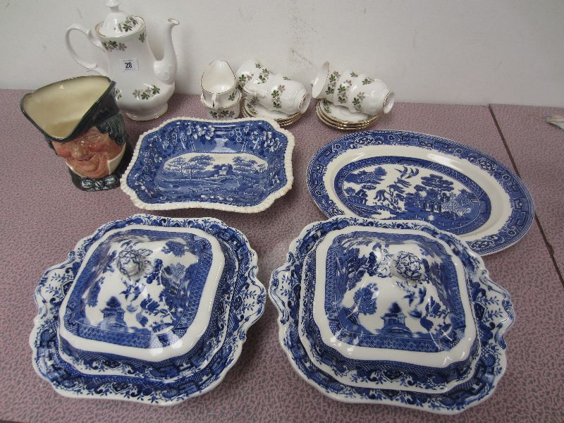 Quantity of china, including two blue & white willow pattern tureens & covers, meat plate, Toby jug,