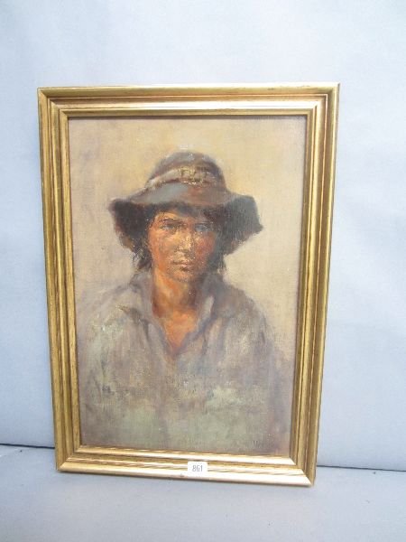 H. HODGKISS, C20th, oil on canvas `Portrait of a young farmhand, wearing a hat` signed lower right